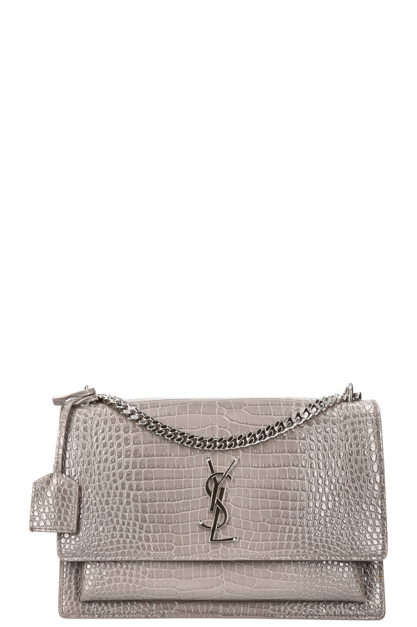SAINT LAURENT Sunset Bag Gray Croc Embossed