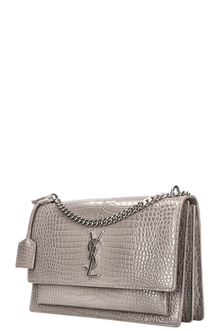 SAINT LAURENT Sunset Bag Gray Croc Embossed
