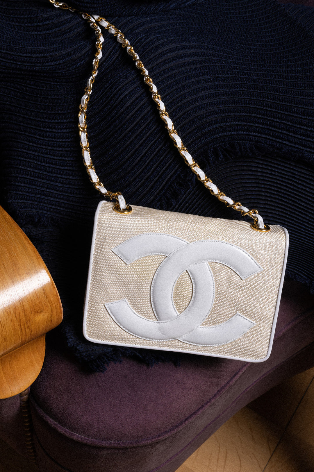 CHANEL Raffia Bag Beige and White